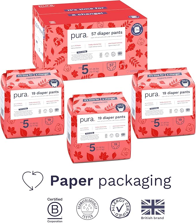 Pura Hypoallergenic Diaper Pants Size 5 (27-38 lbs) Overnight, up to 12 Hours Leak Protection, Suitable for Sensitive Skin, Totally Chlorine Free, Soft Organic Cotton, 3 packs of 19 (57 Pull Up Pants)