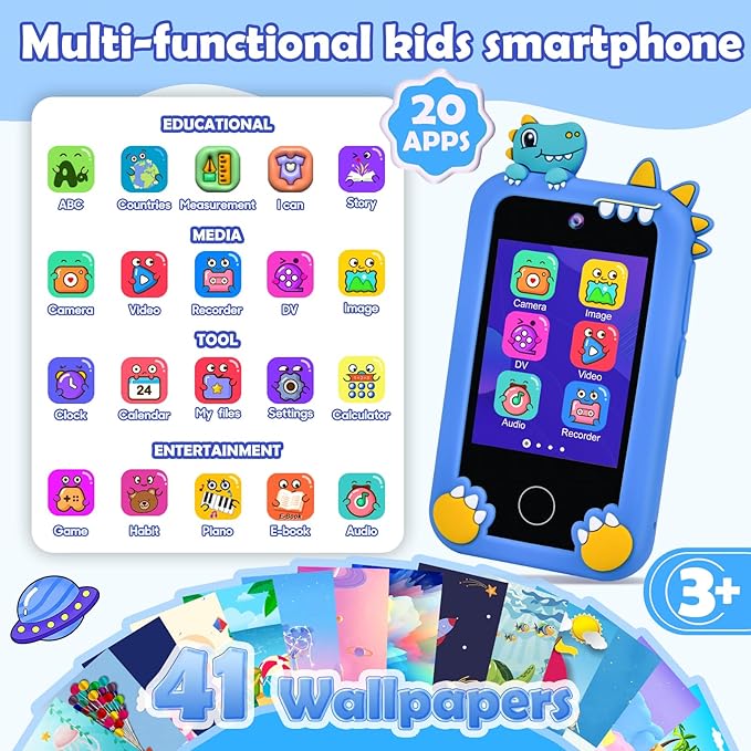 Kids Phone for Boys, Dinosaur Toy Phone Christmas Birthday Gifts for Boy Ages 3-10, Toddler Learning Phones with Touchscreen, 44 Game, Dual Camera, Music Player, 32GB Card & Dino Bag (Blue)