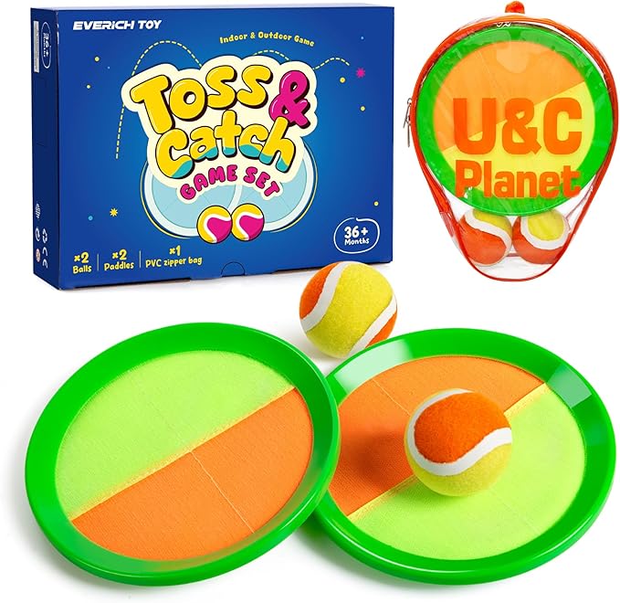 EVERICH TOY Upgraded Toss and Catch Ball Game Set, Kids Toy Stocking Stuffers for Boys Girls Ages 3-12, Includes 2 Paddles 2 Sticky Balls, Water-Resistant Indoor Outdoor Toy for Beach Pool Yard