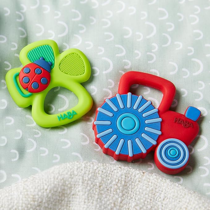 HABA Silicone Teethers for Babies 6-18 Months - Shamrock Silicone Teether Ring and Grasping Toy for Safe Sensory Development - Dishwasher Safe Baby Essentials, Sweet St. Patrick Day Gifts