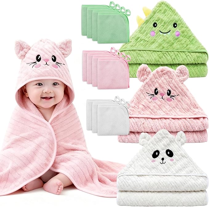 14 PCS Thicken Baby Towels Set, 3 PCS Soft Hooded Baby Towels & 11 PCS Washcloths, Baby Bath Towels for Newborns, Infants & Toddlers, Ultra Absorbent, Cute Baby Towel Gift for Girls