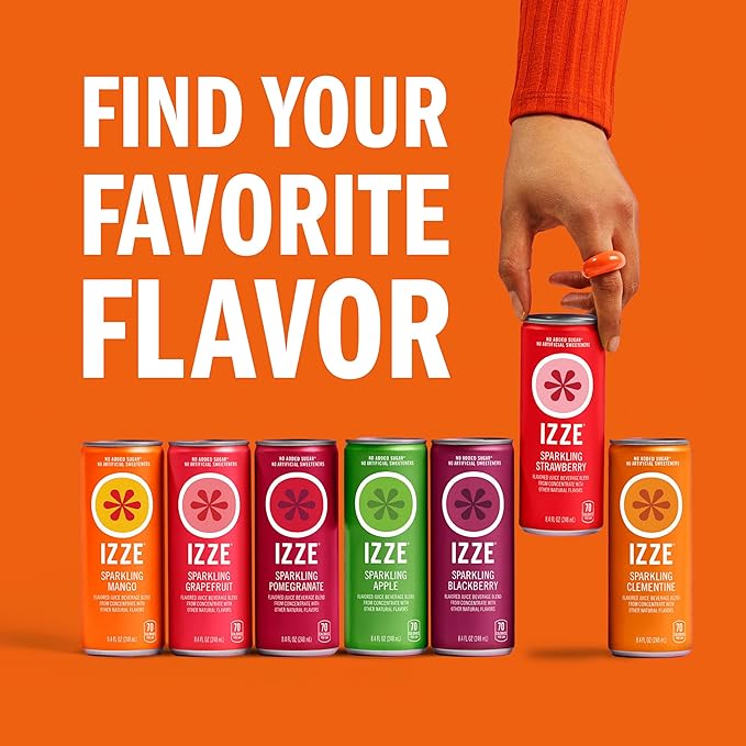 IZZE Sparkling Juice Beverage Blend, Sunset Variety Pack, Clementine, Peach, Cherry Lime, Pomegranate, No Sugar Added, 8.4 Fl Oz (Pack of 48)