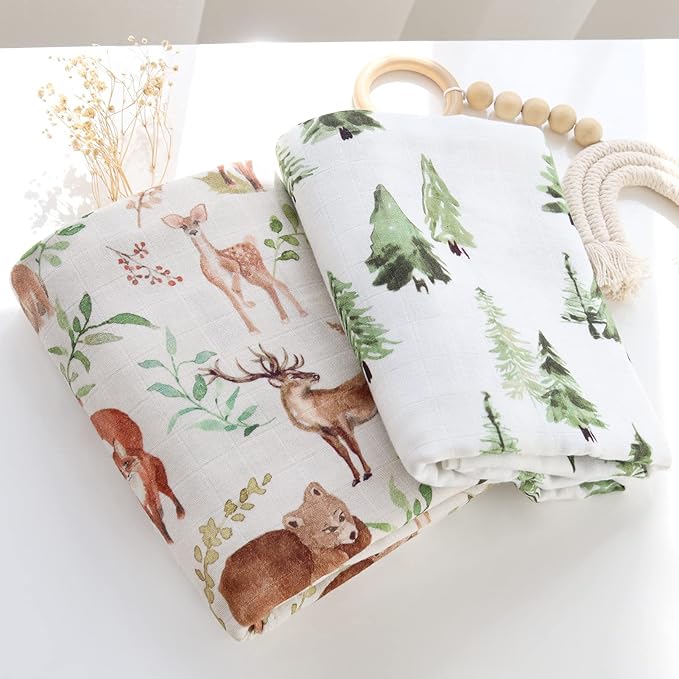 LifeTree Muslin Swaddle Blankets, Woodland Baby Swaddling Wrap Nursery Receiving Blanket for Boys & Girls Unisex, Soft 70% Viscose from Bamboo and 30% Cotton, Large 47 x 47 inches