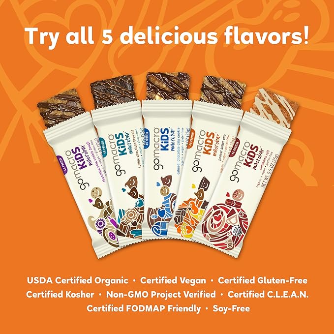 GoMacro Kids MacroBar Organic Vegan Snack Bars – Peanut Butter Cup & Oatmeal Chocolate Chip Cookie (0.90 Ounce Bars, 7 Count) (Pack of 2)