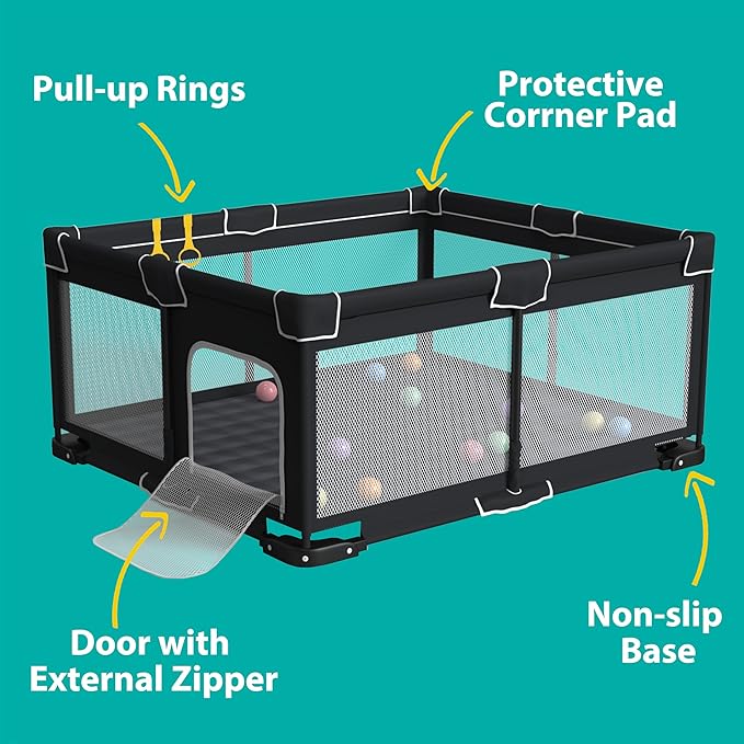 Foldable Playpen for Babies and Toddlers, 71x59 Inches Portable Playpen, Kids Collapsible Play Pen with 2 Handlers, Indoor & Outdoor Baby Play Area with Visible Mesh (Black)