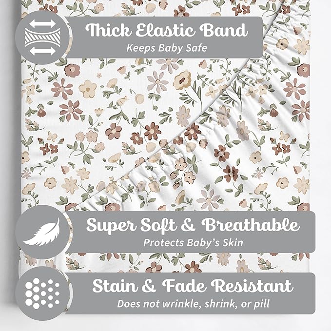 Crib Sheets Neutral - Fitted Baby Crib Sheets Bed for Girl Boy - 2 Pack Standard & Toddler Mattress - Buttery Soft Organic Cotton Blend (Fleurette)