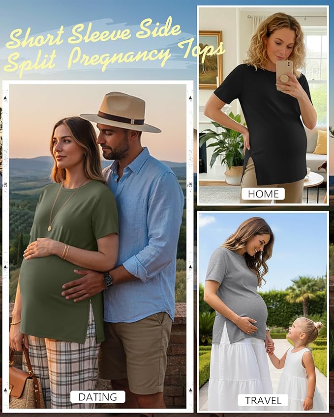 Ficerd 3 Pack Women's Maternity T Shirts, Short Sleeve Side Split Pregnancy Tops Casual Crew Neck Pregnant Tees Mama Clothes