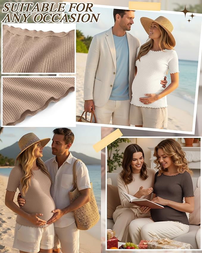 3 Pack Women's Maternity Ribbed Shirts Cotton Short Sleeve Pregnancy Tops Boat Neck Lettuce Trim Mama Clothes