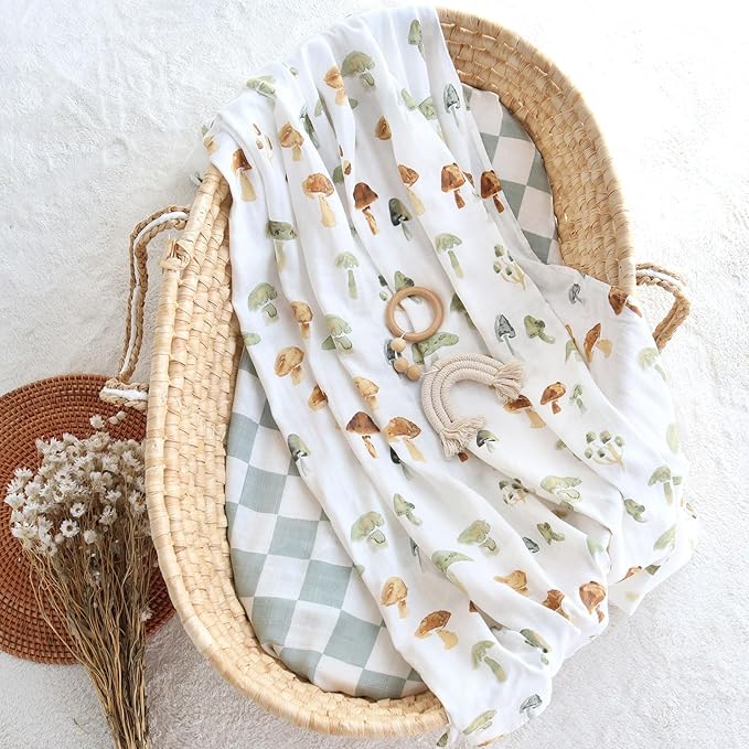 LifeTree Muslin Swaddle Blankets, Baby Swaddling Blanket for Boys Girls, Super Soft 70% Viscose from Bamboo and 30% Cotton, Large 47" x 47", Checkered & Mushroom, Newborn Baby Registry