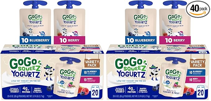 GoGo squeeZ yogurtZ Variety Pack, Blueberry & Berry, 3 oz, Kids Snacks Made from Real Yogurt and Fruit, No Fridge Needed, Gluten-Free, Nut Free, Recloseable Cap, BPA Free Pouches, (Pack of 40)