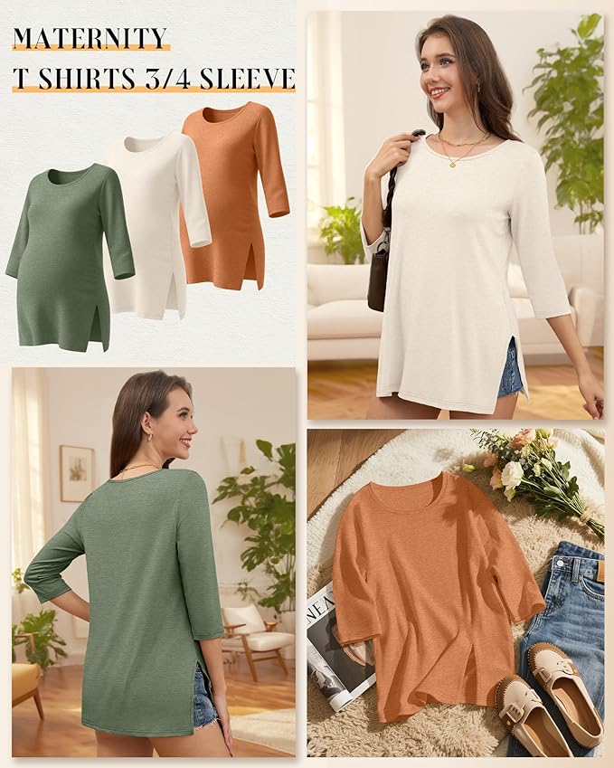 3 Pack Women's 3/4 Sleeve Maternity Shirts Elbow Length Clothes Round Neck Tunics Pregnancy Loose Side Split Tops