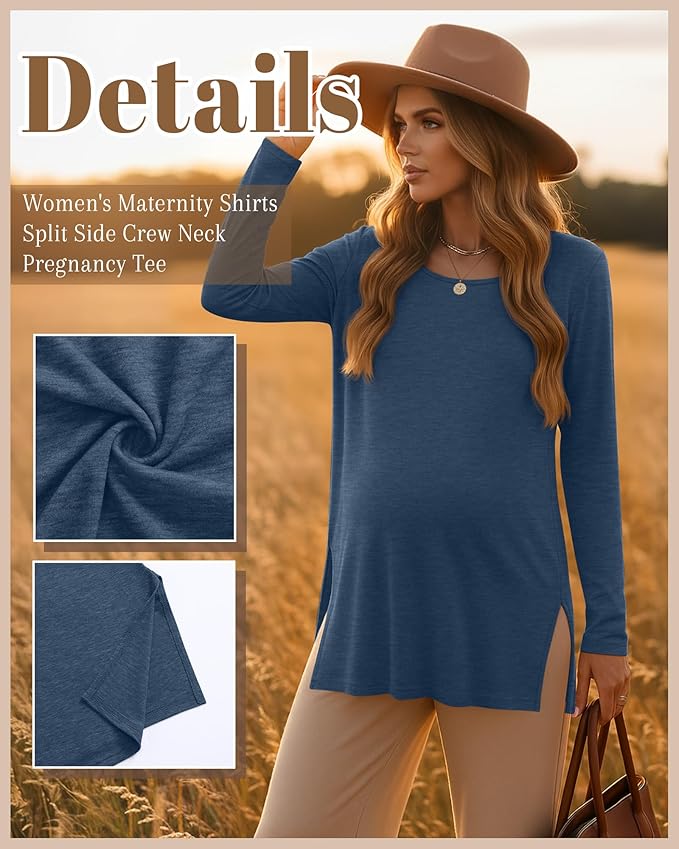 Riyiper 3 Pack Women's Maternity Long Sleeve T-Shirts Round Neck Side Split Tops Loose Casual Pregnancy Mama Clothes Fall