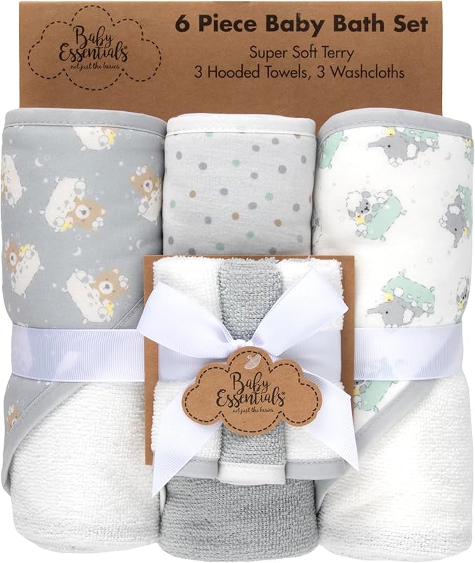 Baby Bath Essential Hooded Baby Bath Towel and Washcloth 6 Piece Set for Newborns, Infants & Toddlers, Boys & Girls Baby Hooded Towels Set (Teddy Bear Print)
