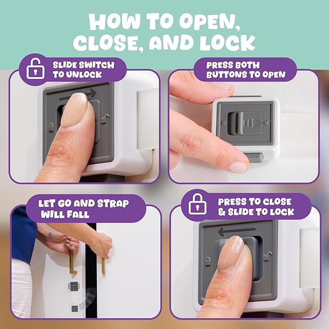 Child Safety Locks (4-Pack) - Baby Proof Cabinets, Drawers, Toilets & Appliances- Adjustable Strap Length, Double Lock Option - Easy Latch for Adults to Open