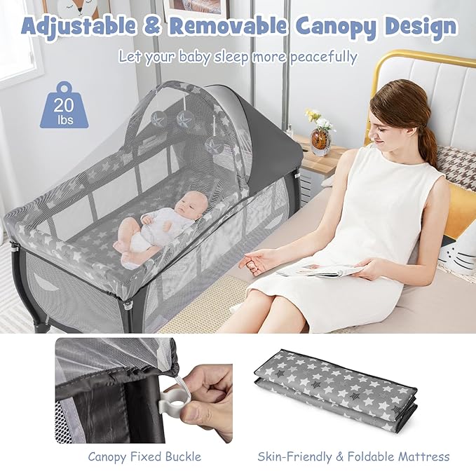 BABY JOY 4 in 1 Pack and Play, Portable Baby Playard with Bassinet, Adjustable Canopy, Changing Table, Lockable Wheels, Music Box, Travel Baby Crib Bassinet from Newborn to Toddler