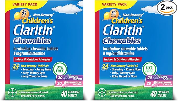 Claritin Children's Allergy Medicine, 24-Hour Non-Drowsy Loratadine 5mg Chewable Tablet, Antihistamine for Kids Ages 2 Years and Older, Grape & Bubble Gum Flavors, 40 Tablets, (Pack of 2)