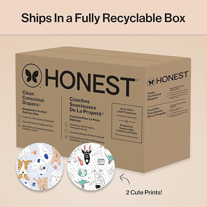 The Honest Company Comfort Dry Disposable Diapers for Sensitive Skin, Hypoallergenic, Space Travel + It's a Pawty, Super Club Box Size 3, (16–28 lbs), 120 Count