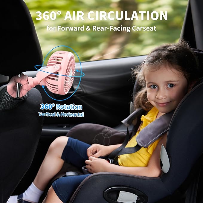 AMACOOL Battery Operated Stroller Fan, Baby Travel Essentials for Beach Disney, Newborn Boy & Girl Showers Gifts Registry Search, Flexible Tripod Clip On Fan for Car Seat Wagon Crib Bike Treadmill