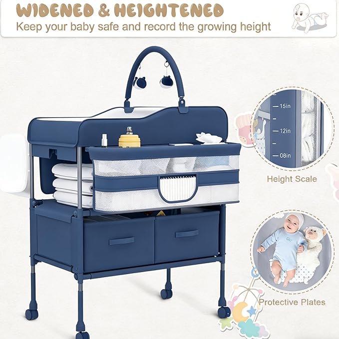 Folding Baby Changing Table Portable with Waterproof Pad, Adjustable Height Changing Station with Storage Drawers, Mobile Nursery Organizer for Newborn Infant Baby, Blue