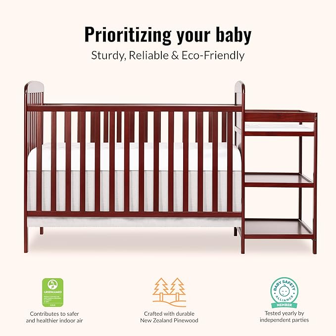 Dream On Me Anna 3-in-1 Convertible Full-Size Baby Crib & Changer with Storage in Cherry, GreenGuard Gold & JPMA, Pinewood, Converts to Day & Toddler Bed, 3 Mattress Heights, 1″ Changing Pad