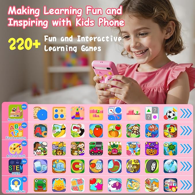 Kids Smart Phone Toys with 3.97" Touchscreen, Christmas Birthday Gifts for Kids Ages 3-12, Toddler Learning Cell Phone with Games & Dual Camera, Girls Phone Toys for Age 3 4 5 6 7 8 9 Years Old