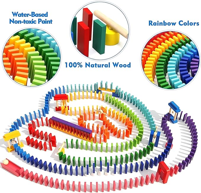 Migargle 1200 PCS Wooden Dominoes Set with 11 Extra Add-on Domino Blocks & Storage Bag - Bulk Dominos Racing Game for Kids | Educational Domino's-Themed Toy