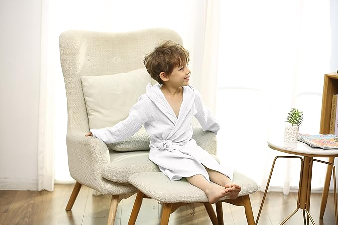 Organic Cotton Toddler Bathrobe, Soft and Breathable Baby Robe for Kid, Boy& Girl Hooded Robe Muslin