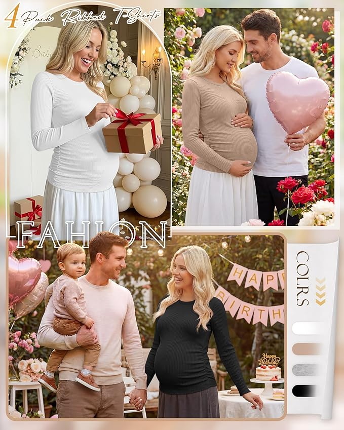 Ficerd 4 Pack Women's Maternity Shirts Cotton Long Sleeve Ribbed Crew Neck Pregnancy Tops Side Ruched Casual Mama Clothes