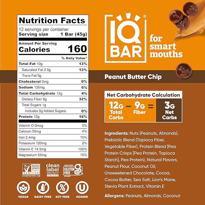 IQBAR Brain and Body Plant Protein Bars - Peanut Butter Chip - 12-Count - Keto, Vegan, Low Carb, High Fiber, Gluten Free, Dairy Free, Low Sugar Snack with Nutrients for Focus, Energy, Meal Replacement