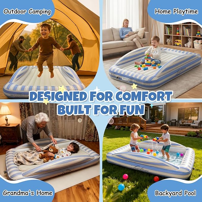 Inflatable Toddler Travel Bed Kids Air Mattress with Safety Bumpers Kids Blow Up Bed Portable Toddler Mattress – Includes Rechargeable Pump for Home Sleepover Camping Vacation