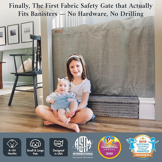 The Stair Barrier First Fabric Banister to Banister Baby Gates for Stairs 42”–52” Wide x 32” Tall– No Drill Baby Gate for Top or Bottom Staircase, Machine-Washable Climb Proof, Designed in USA, Grey