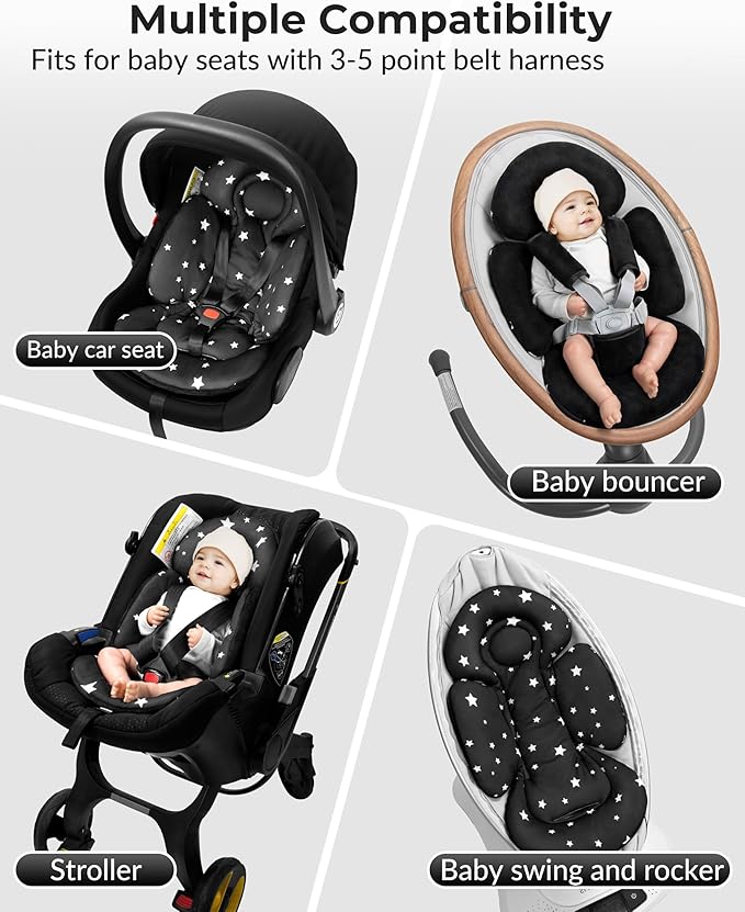 Newborn Car Seat Insert, Head and Body Support, Reversible Infant Insert Compatible with Baby Carseat, Stroller, Mamaroo Swing, Rocker, Bouncer. Baby Car Seat Cushion - Black