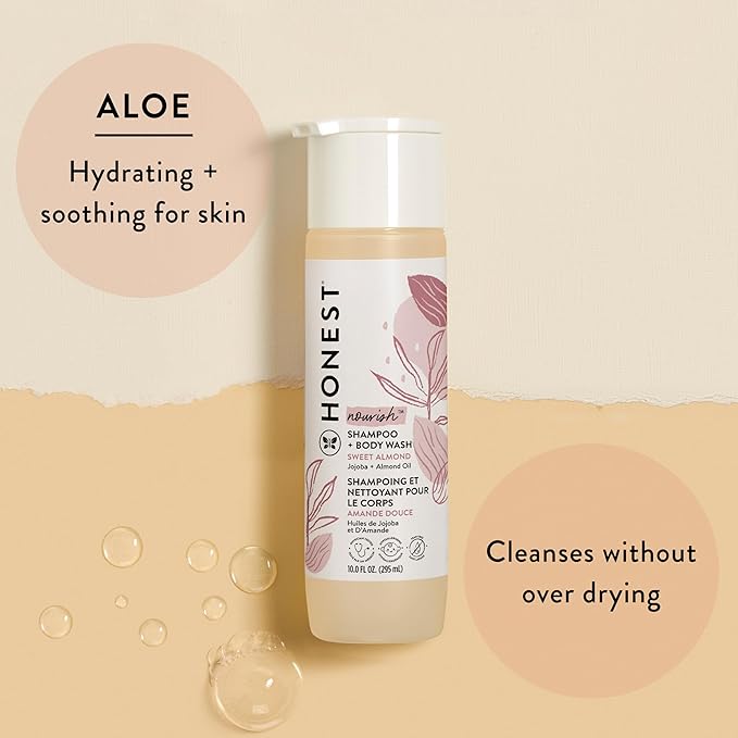 The Honest Company 2-in-1 Cleansing Shampoo Body Wash Gentle for Baby, Naturally Derived Tear-free, Hypoallergenic, Sweet Almond Nourish, 18 fl oz