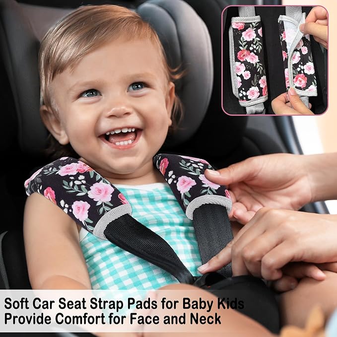 Seat Belt Cover Pad for Baby, Soft Seatbelt Cushion Covers for Kids 2Pcs Car Seat Strap Shoulder Pads for All Car Seats, Stroller, High Chair,Black Flower