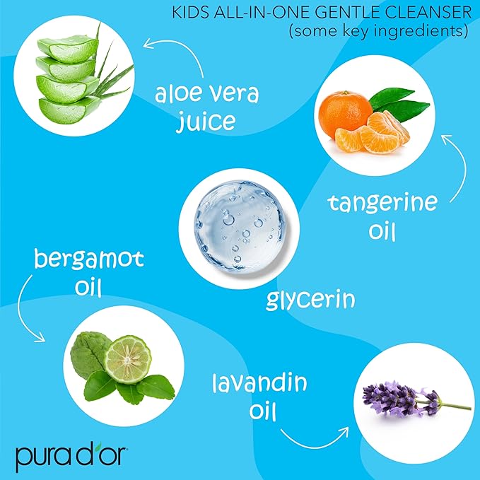 PURA D'OR Kids Wash (16oz x 2 = 32oz) All-in-One Gentle Cleanser - USDA Biobased, Sulfate-Free, Tear-Less, Hypoallergenic, Premium, Shampoo & Bubble Bath