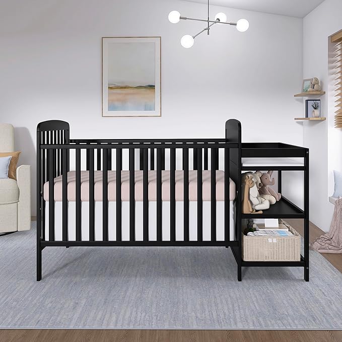 Dream On Me Anna 3-in-1 Convertible Full-Size Baby Crib & Changer with Storage in Black, GreenGuard Gold & JPMA, Pinewood, Converts to Day & Toddler Bed, 3 Mattress Heights, 1″ Changing Pad