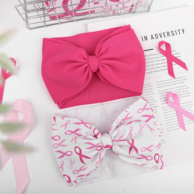 2PCS 7’’ Super Durable Soft Knot Headbands with Hair Bows Pink Ribbon Infant Toddlers Kids Breast Cancer Awareness Hair Accessories
