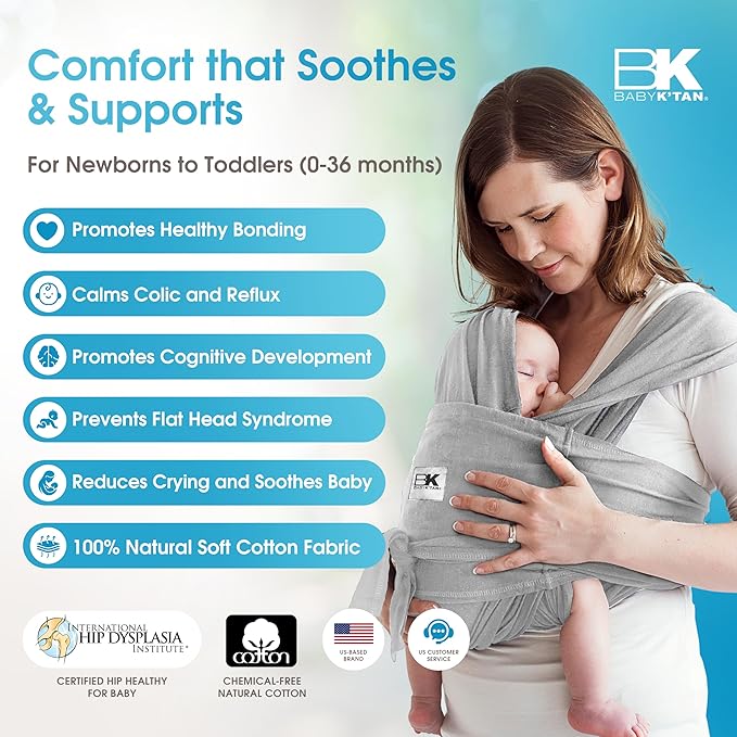Original Baby K'tan Baby Carrier: #1 Easy Pre-Wrapped, Soft, Slip-On, No Rings, No Buckles | 5 in 1 Baby Sling for Hands-Free Comfort | Heather Grey | Small