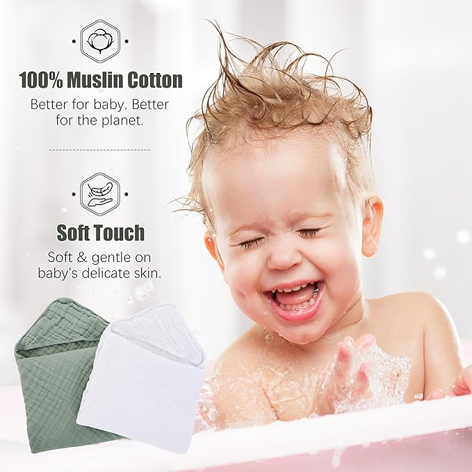 2 Pack Hooded Baby Towels - 100% Muslin Cotton for Newborns, Infants, Toddlers - Large 32x32Inch Size - Highly Absorbent and Essential for Newborn Care, White and Green
