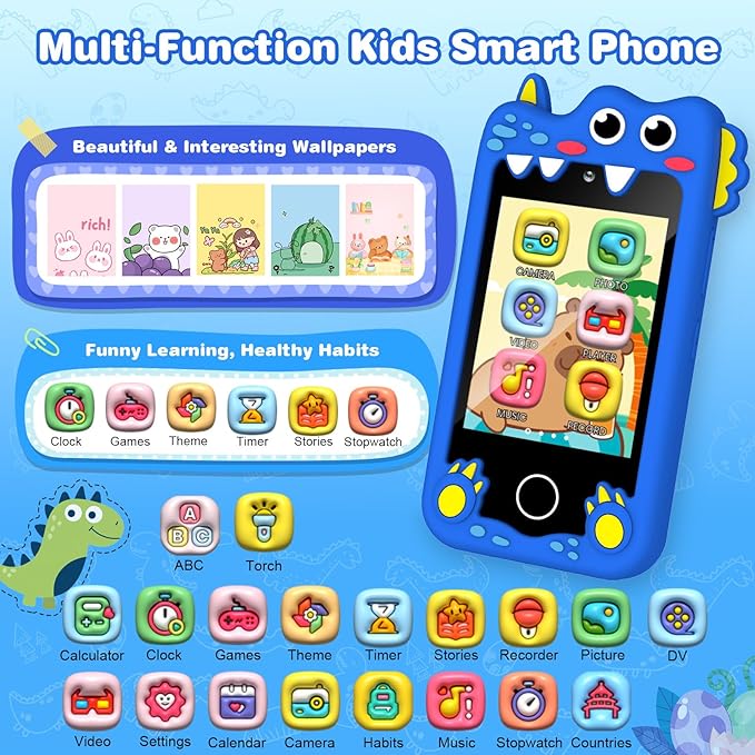 M SANMERSEN Dinosaur Kids Smart Phone for 3-6 Year Olds – 2.8" Touchscreen, Dual Camera, 28 Learning Games, MP3 Music Player, 32GB SD Card – Educational Toddler Phone Toy for Boys & Girls