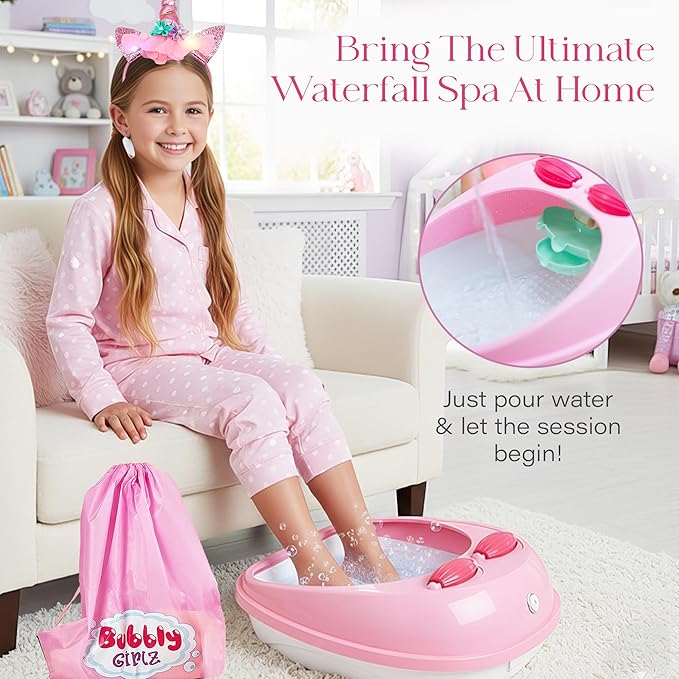 Glow in Dark Kids Spa Day Kit for Girls, 42+ Pieces Waterfall Foot Spa Toys, Nail Spa Kit, Pedicure Manicure Accessories, Perfect Spa Kit for Girls Ages 6 7 8 9 10 11 12, Fun Birthday Gifts or Present