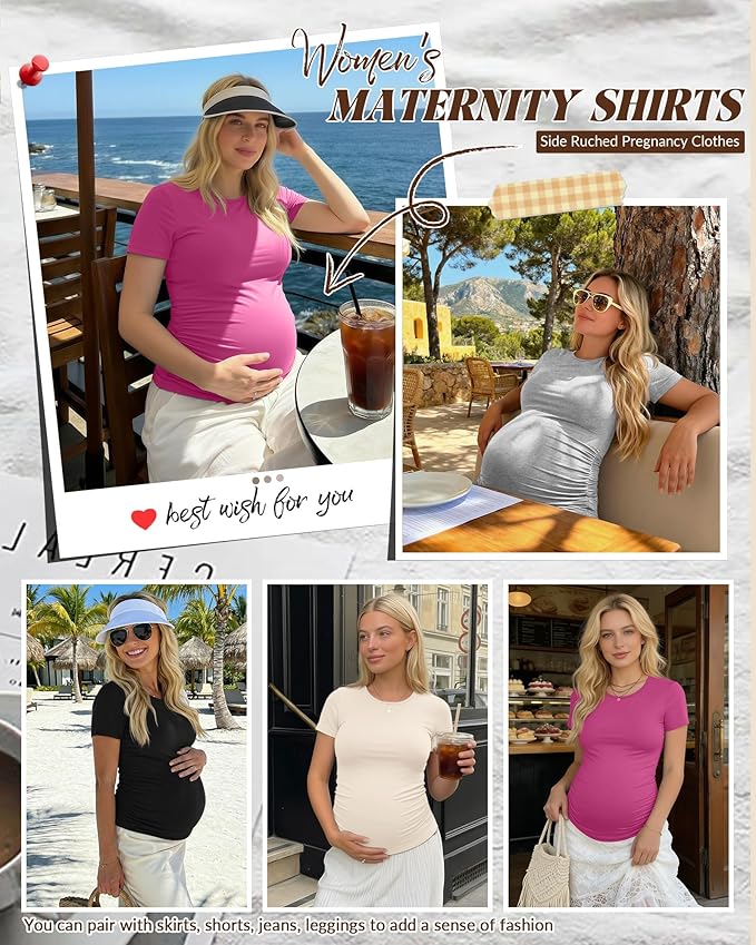 Huukeay 4 Pack Women's Maternity Shirts, Crew Neck Maternity Top Short Sleeve Casual Cotton Tee Side Ruched Pregnancy Clothes
