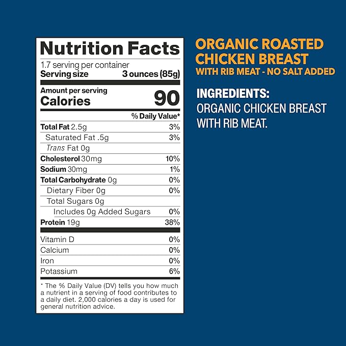 Wild Planet Organic Roasted Chicken Breast, Skinless and Boneless, No Salt Added, 100% chicken breast, 5 Ounce