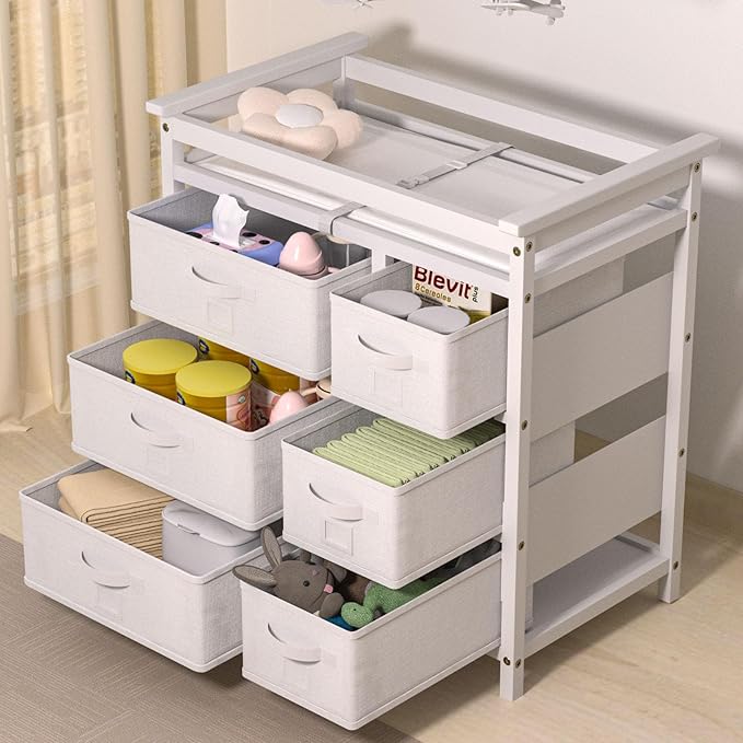XJD Wooden Diaper Changing Table with 6 Storage Baskets, Modern Baby Changing Table, Infant Diaper Changing Station Dresser with Pad (White)