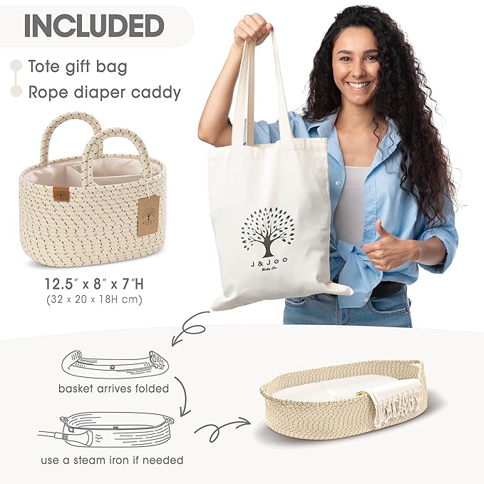 Baby Changing Basket Includes Diaper Caddy - Soft & Waterproof Dual-Cover, Portable, Changing Pad for Dresser & Changing Table, Gift for Baby Shower, Organic Cotton Rope