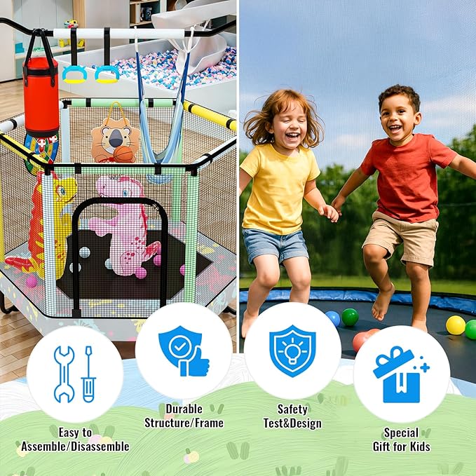LAMERGE 55" 7-in-1 Round Trampoline for Kids Boys & Girls Ages 1-8, Indoor & Outdoor Trampoline for Fun, Adjustable Height Handrail ＆ Enclosed Safety Net ＆ Durable Designs for Toddlers Children