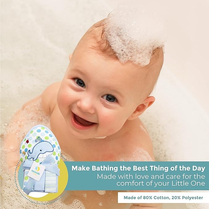Spasilk Baby Bath Hooded Terry Towel with 3 Washcloths, Baby Bath Essentials, One Size, Blue Whale