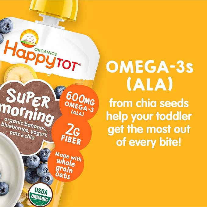 HAPPYTOT Organics Stage 4 Baby Food Pouches, Gluten Free, Super Morning Fruit & Oat Blend, Bananas, Blueberries, Yogurt, Oats & Chia, 4 Oz (Pack of 8)