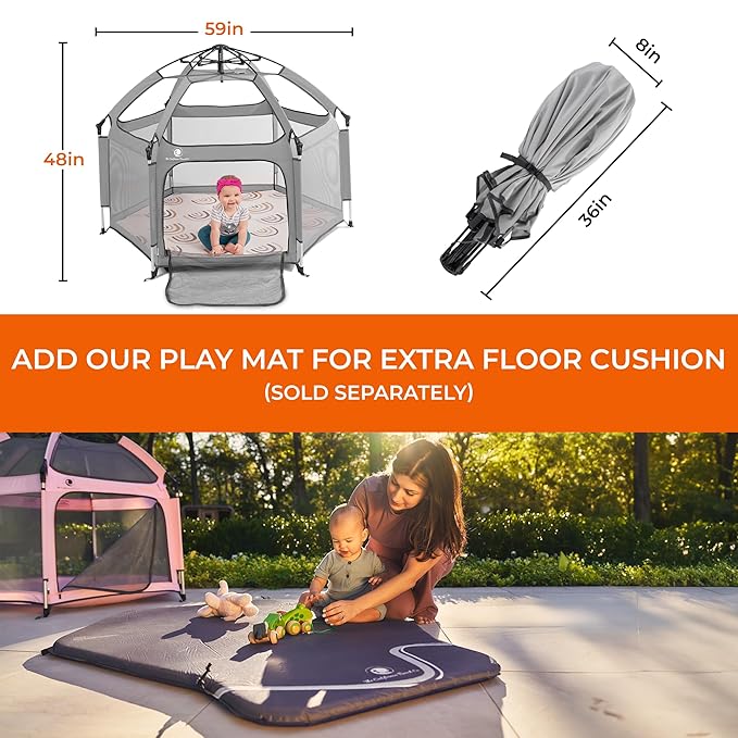 Light Grey POP 'N GO Baby Playpen - Indoor & Outdoor Playpen for Babies and Toddlers - Baby Beach Tent, Foldable, Portable W/Canopy & Travel Bag - Pop Up Pack and Play Yard
