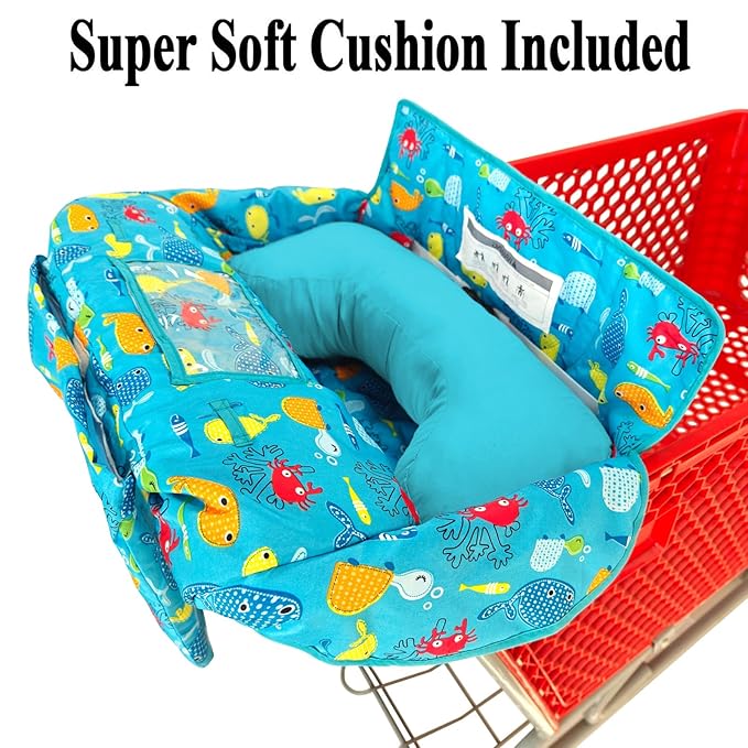 Love&go Soft Pillow Attached 2-in-1 Shopping Cart and High Chair Cover for Baby~Padded~Fold'n Roll Style~Portable with Free Carry Bag (Blue Seaworld)